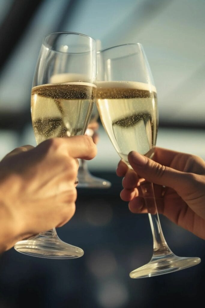 Dos copas de vino espumoso sin alcohol en un brindis