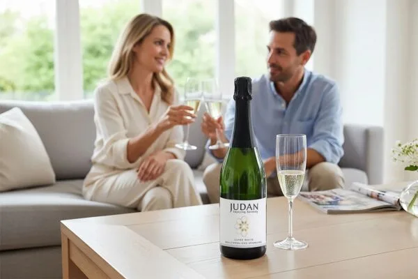 Dos personas compartiendo vino desalcoholizado Judan en una mesa